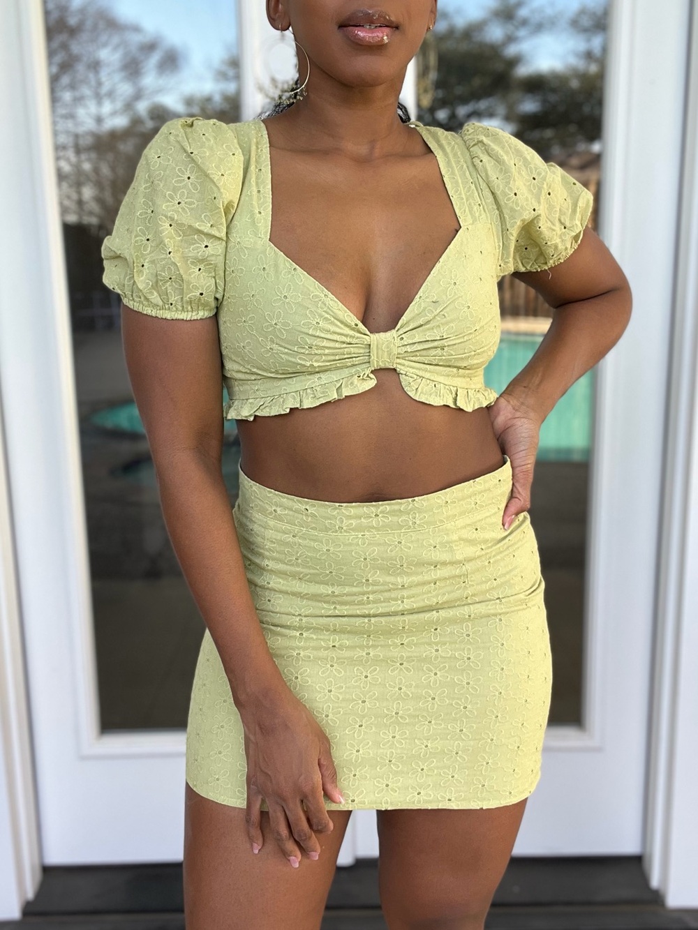 Eyelet short sleeve top and ruffled skirt set in Kiwi